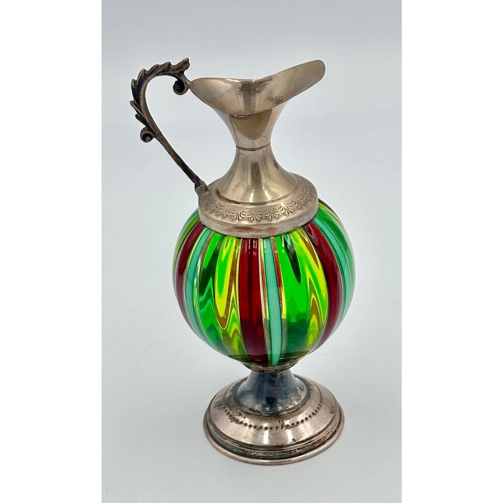 Italian Handblown Murano Art Glass and Silver Oggetti Colorful Mini Pitcher